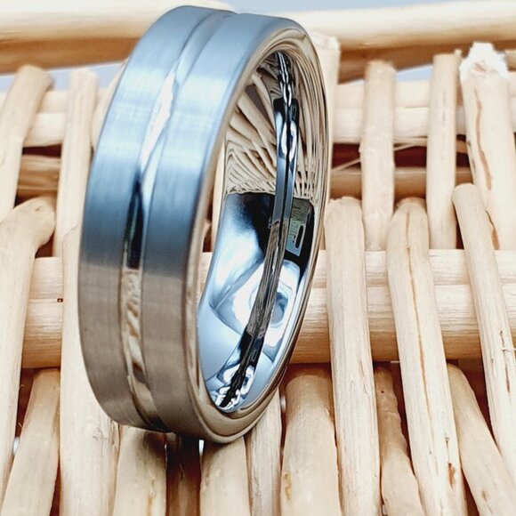 Men's Silver Ring Brushed Ring, Tungsten Wedding Band , GALTUN047-11 - Picture 1 of 5